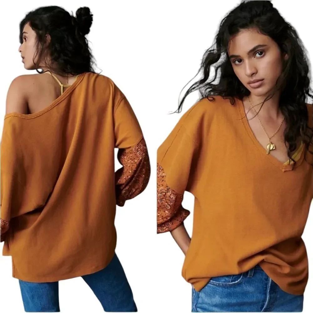 Anthropologie Annette, mustard yellow floral sleeve slouchy, top size medium